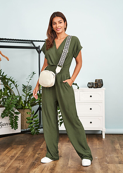 Seventyseven Lifestyle Women Wrap-Look Jumpsuit with 2-Pockets green
